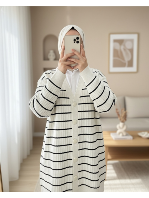 Fitilli Düğmeli Uzun Triko Hırka  -Taş