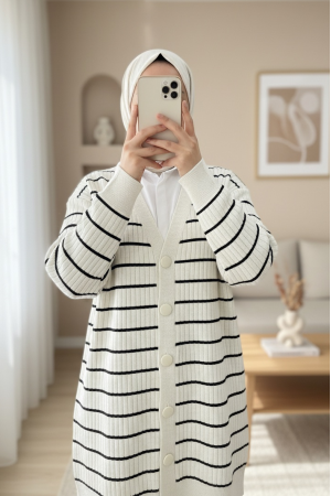 Fitilli Düğmeli Uzun Triko Hırka  -Taş