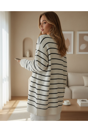 Long Knitwear Cardigan with Ribbed Buttons  -Stone