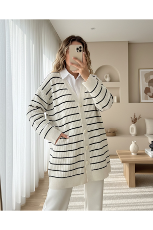 Long Knitwear Cardigan with Ribbed Buttons  -Stone