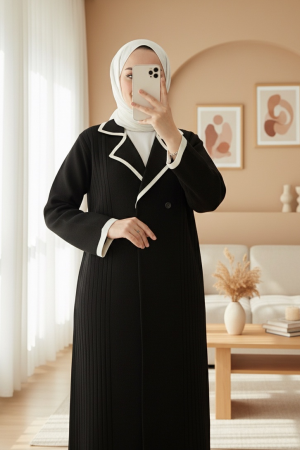 Long Knitted Cardigan with Snap Front Pocket -Black