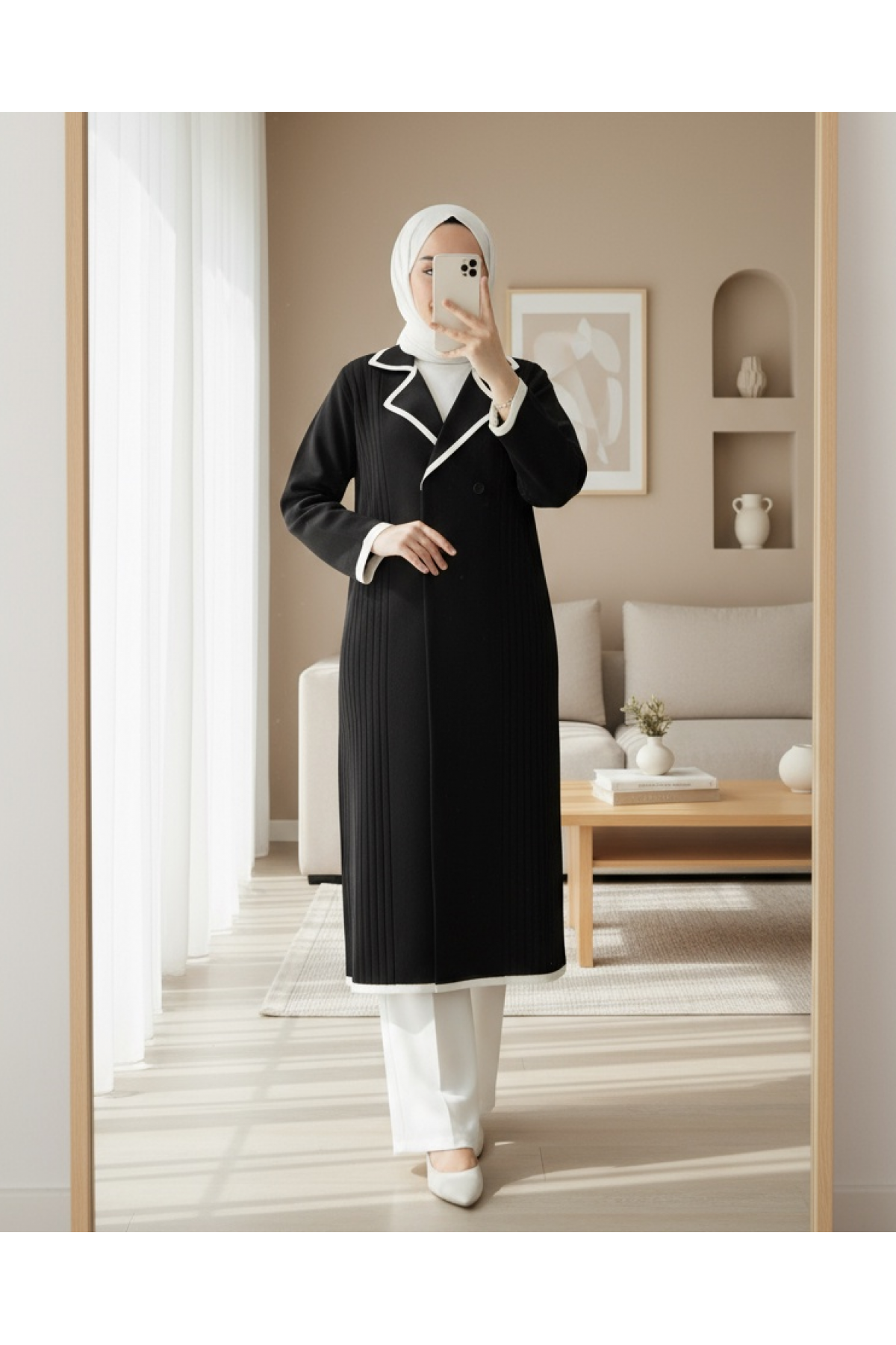 Long Knitted Cardigan with Snap Front Pocket -Black