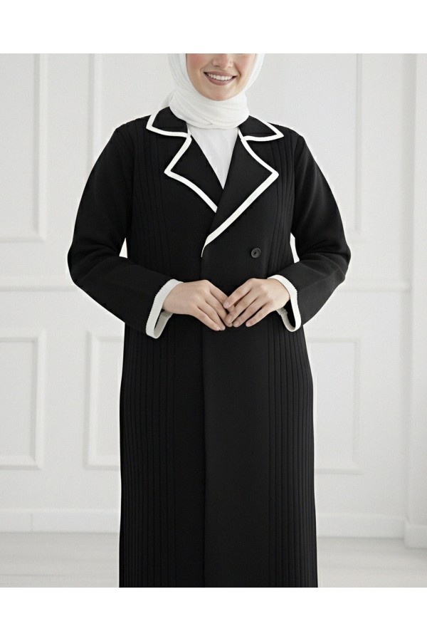 Long Knitted Cardigan with Snap Front Pocket -Black