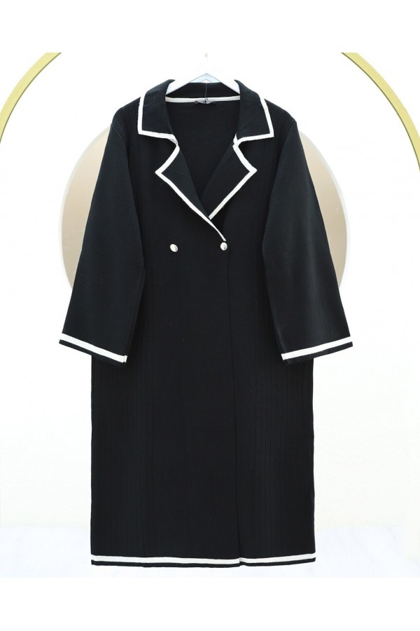 Long Knitted Cardigan with Snap Front Pocket -Black