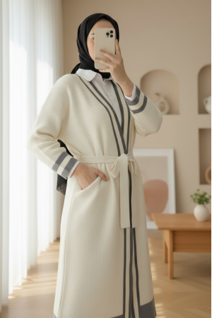 Yakası ve Kol Manşeti Şeritli Triko Hırka -Füme