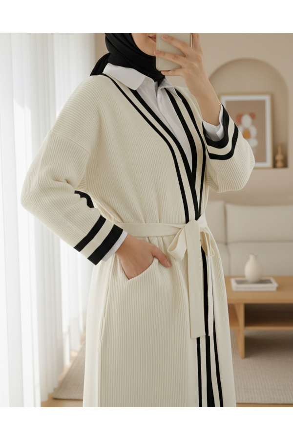 Knitted Cardigan with Striped Collar and Cuffs -Black