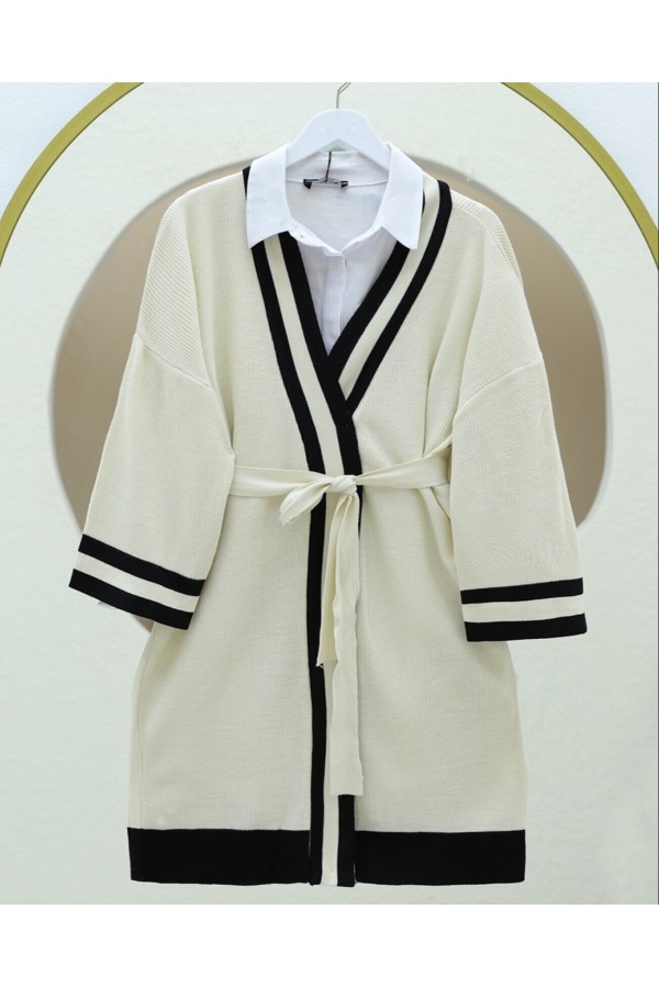 Knitted Cardigan with Striped Collar and Cuffs -Black