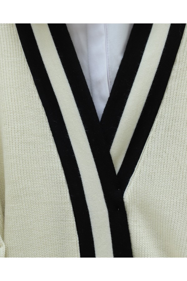 Knitted Cardigan with Striped Collar and Cuffs -Black