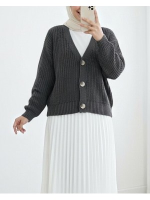 Örgü Desen Düğmeli Hırka   -Antrasit