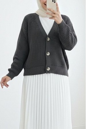 Örgü Desen Düğmeli Hırka   -Antrasit