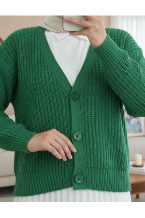 Örgü Desen Düğmeli Hırka   -Yeşil