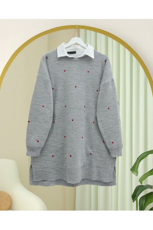 Heart Embroidered Knit Tunic with Side Slits -Grey