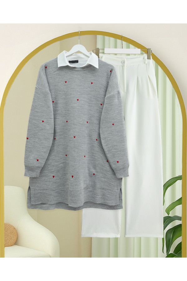 Heart Embroidered Knit Tunic with Side Slits -Grey