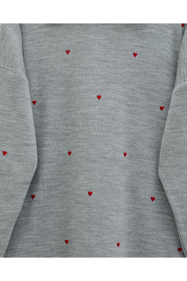 Heart Embroidered Knit Tunic with Side Slits -Grey