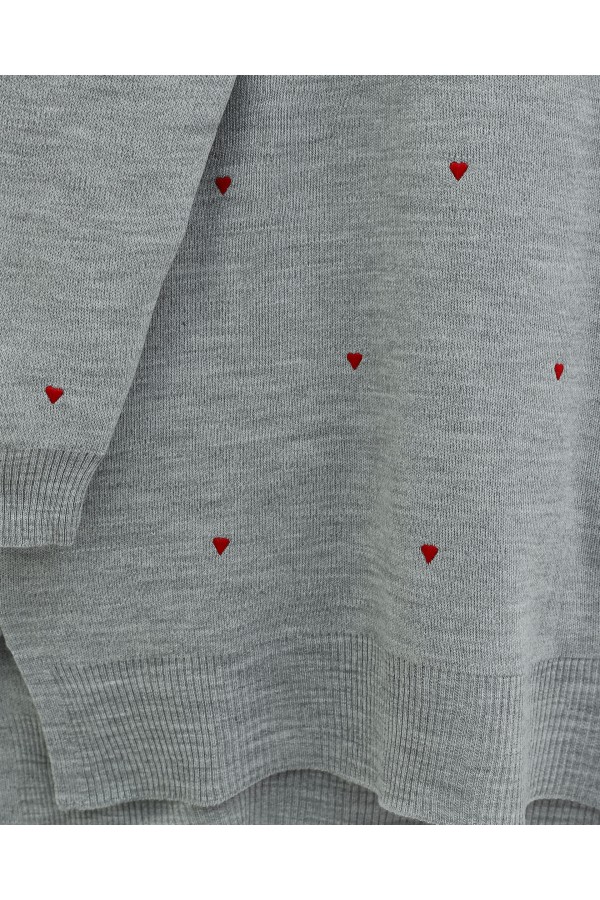 Heart Embroidered Knit Tunic with Side Slits -Grey