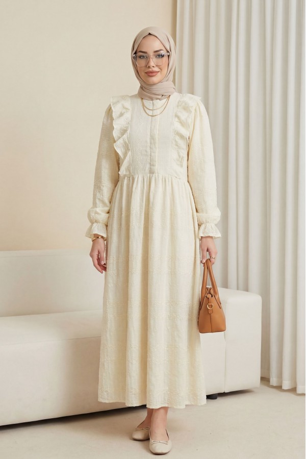 Round Neck Half-Zip Ruffled Lined Embroidered Dress -Ecru