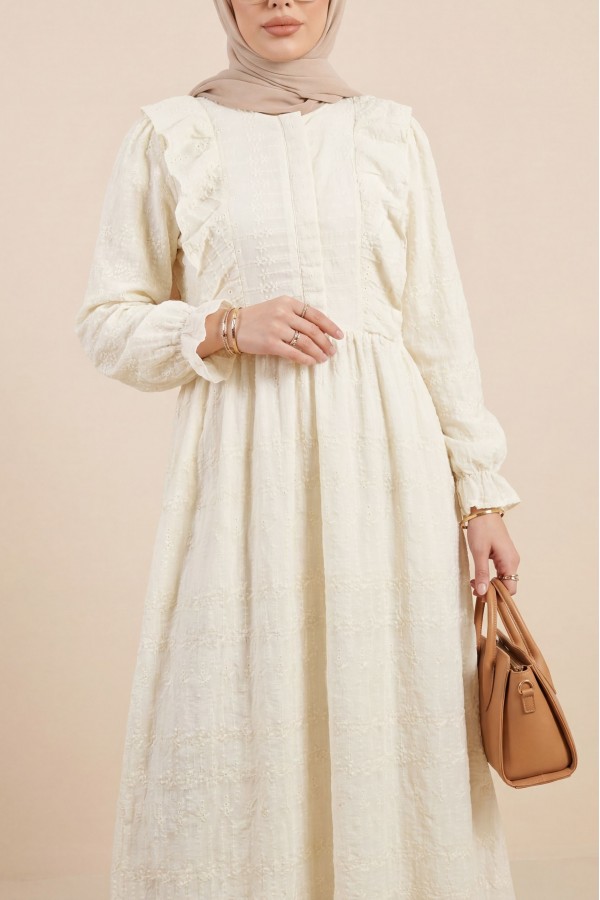 Round Neck Half-Zip Ruffled Lined Embroidered Dress -Ecru