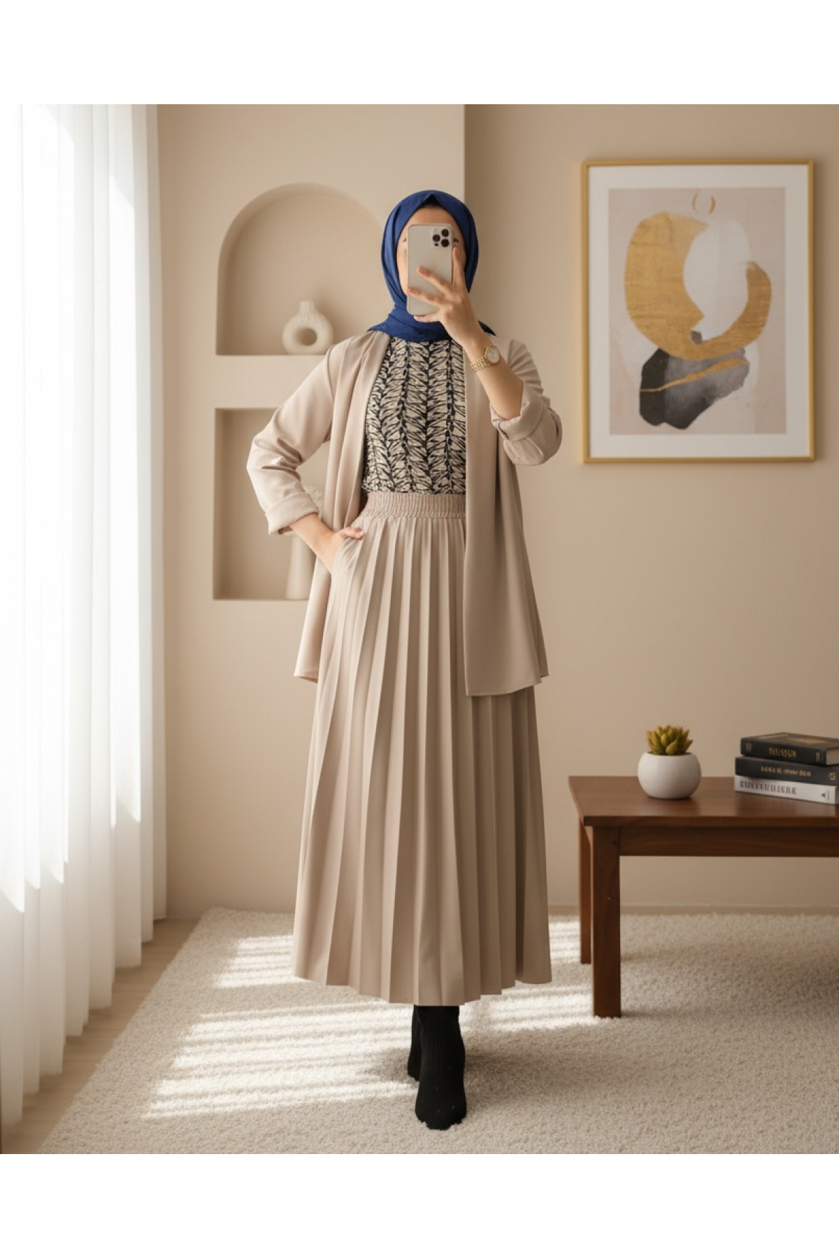 Elastic Waist Pleated Leather Skirt -Cream color
