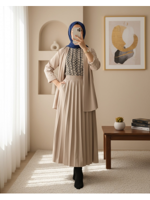 Beli Lastikli Pliseli Deri Etek  -Krem