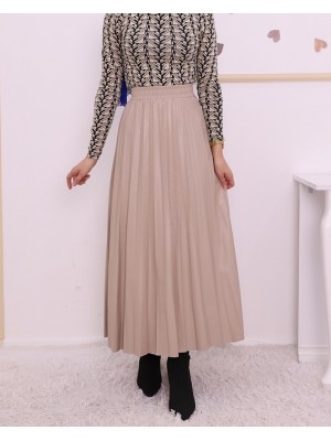 Beli Lastikli Pliseli Deri Etek  -Krem