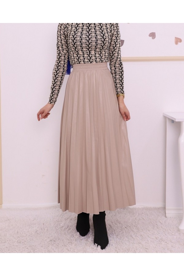 Elastic Waist Pleated Leather Skirt -Cream color