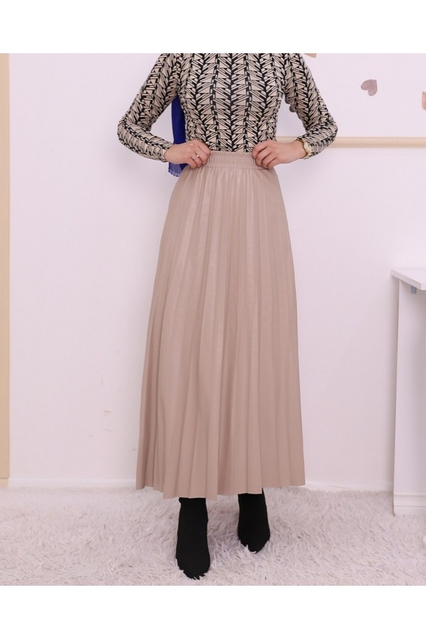 Elastic Waist Pleated Leather Skirt -Cream color