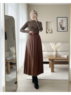 Beli Lastikli Pliseli Deri Etek   -Taba