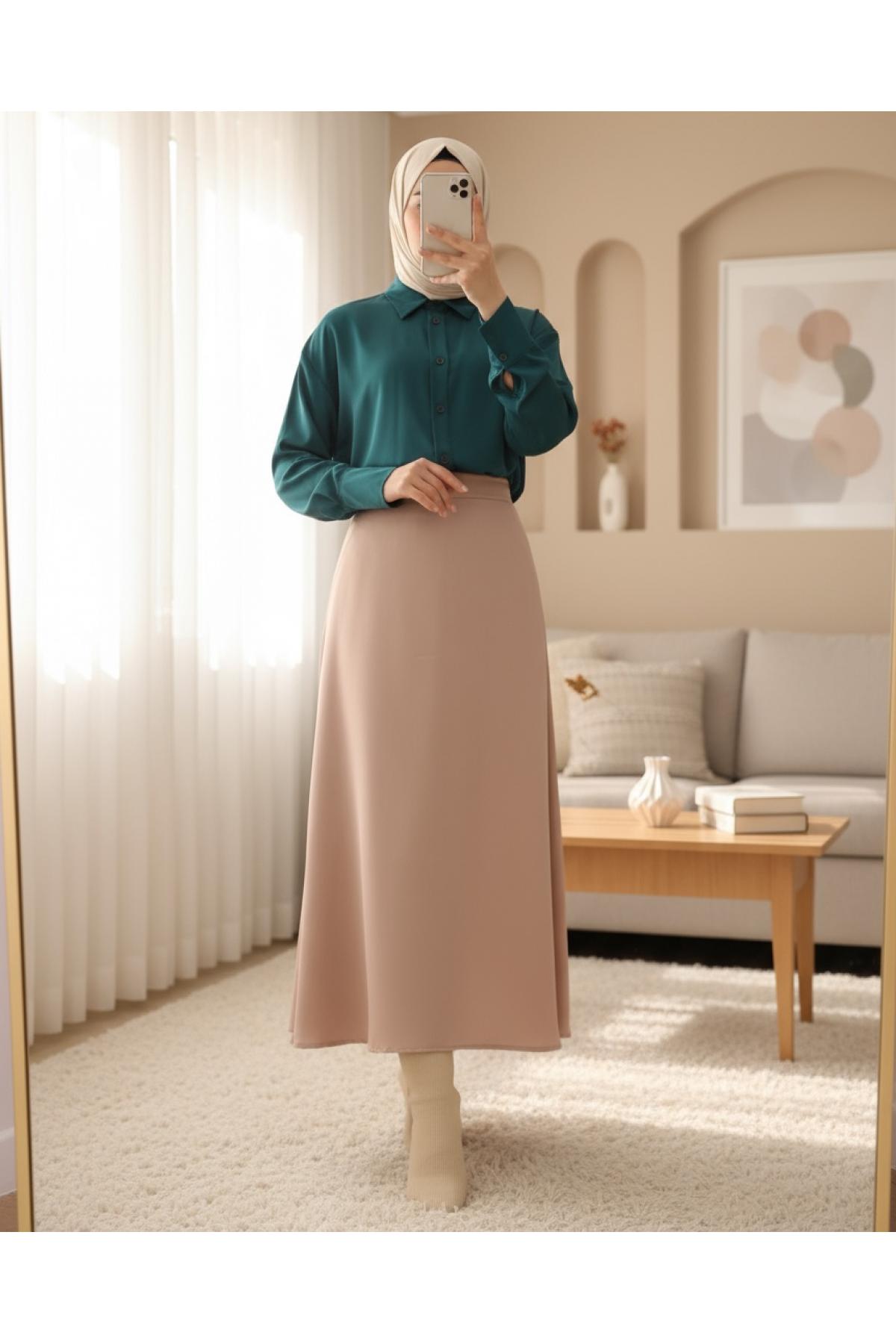 Lined Satin Flared Skirt -Mink color