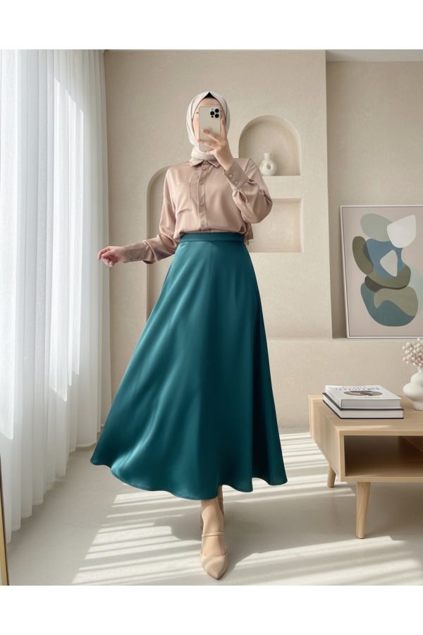 Lined Satin Flared Skirt -Emerald