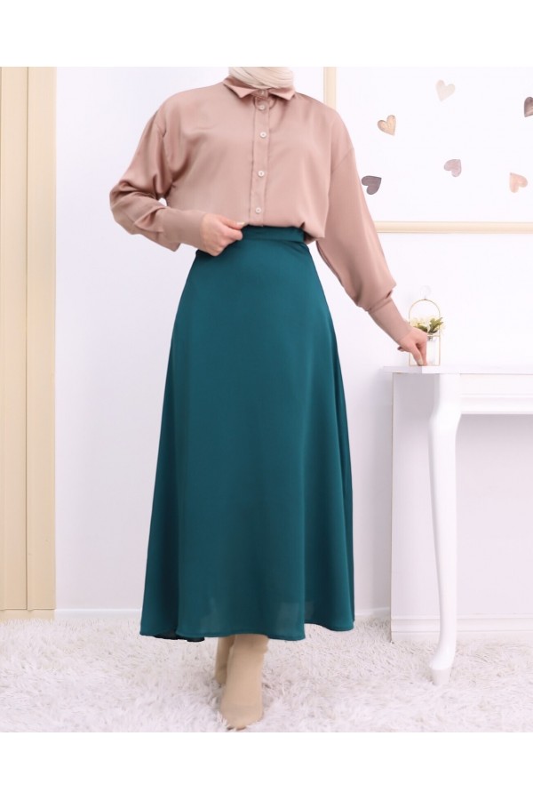 Lined Satin Flared Skirt -Emerald