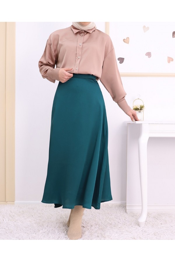 Lined Satin Flared Skirt -Emerald