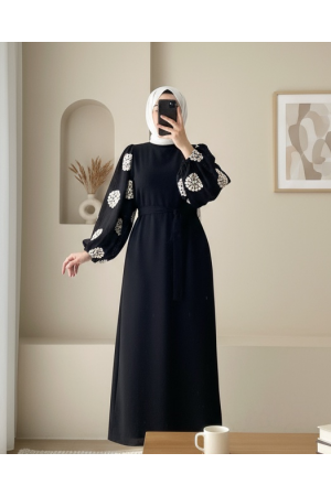 Sleeve Tulle Embroidered Pencil Dress -Black