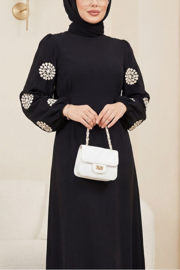 Sleeve Tulle Embroidered Pencil Dress -Black