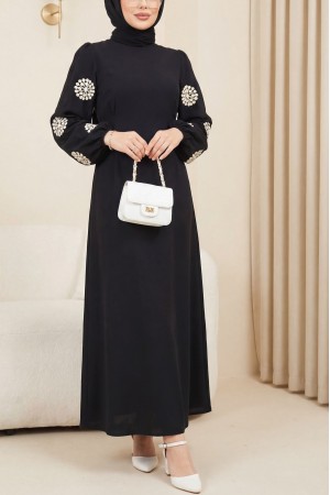 Kolu Tül Nakışlı Kalem Elbise -Siyah