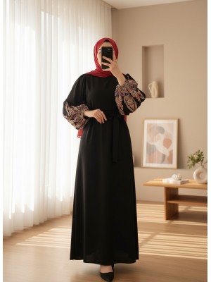 Kolu İşleme Tüllü Bağcıklı Kalem Elbise -Siyah