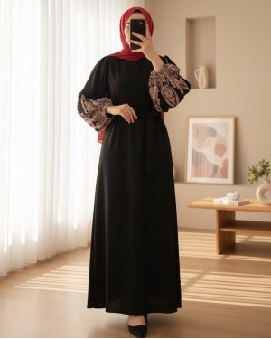 Kolu İşleme Tüllü Bağcıklı Kalem Elbise -Siyah