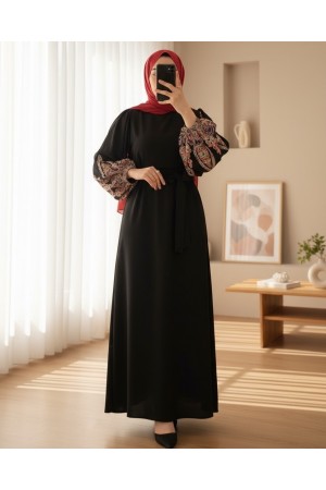 Sleeve Embroidered Tulle Lace-up Pencil Dress -Black