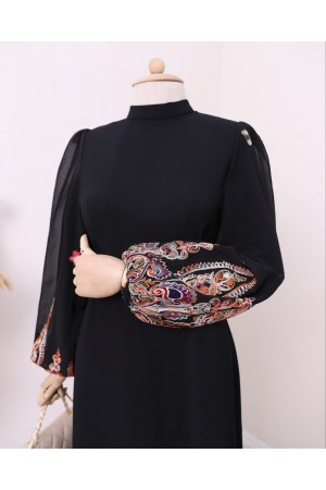 كم مطرز تول الدانتيل متابعة اللباس قلم رصاص -أسود