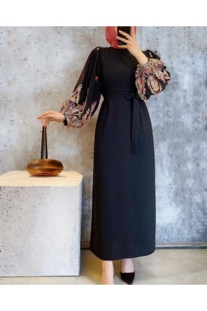 Kolu İşleme Tüllü Bağcıklı Kalem Elbise -Siyah