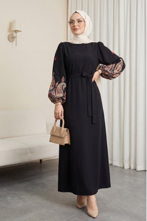 Kolu İşleme Tüllü Bağcıklı Kalem Elbise -Siyah