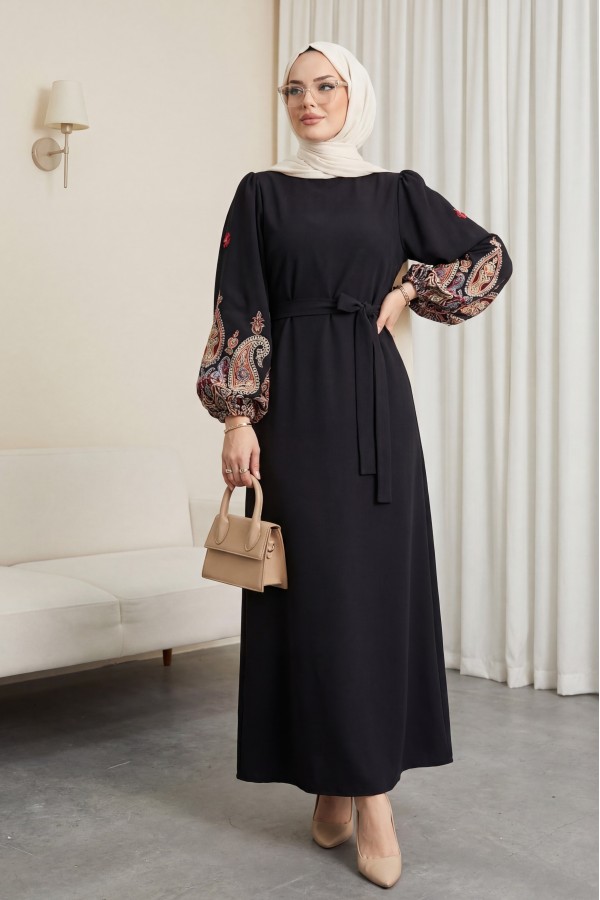 Sleeve Embroidered Tulle Lace-up Pencil Dress -Black