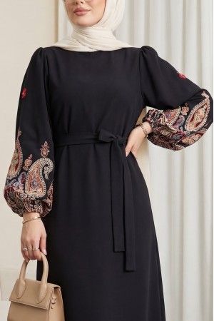 كم مطرز تول الدانتيل متابعة اللباس قلم رصاص -أسود