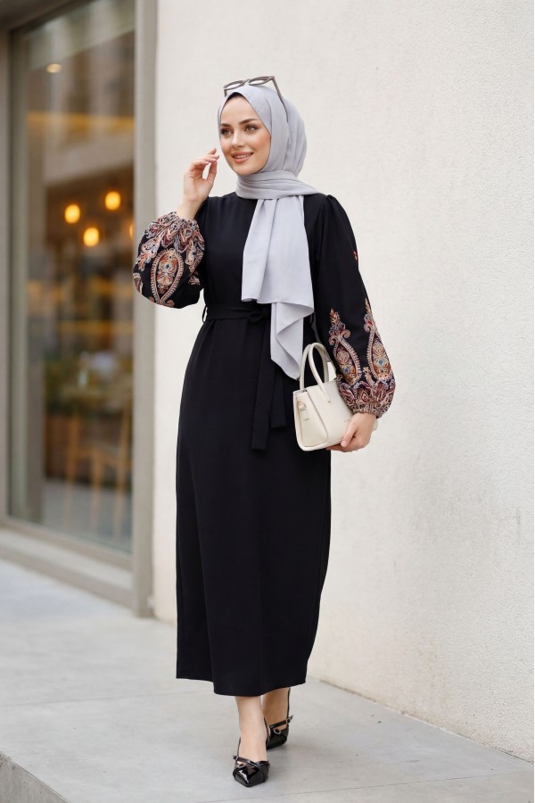 Sleeve Embroidered Tulle Lace-up Pencil Dress -Black