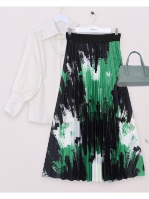 Karışık Desenli Beli Lastikli Pliseli Etek  -Yeşil