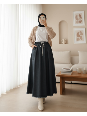  Fringed Skirt With Pockets Denim Skirt  -Smoked 