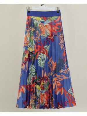 Karışık Desenli Beli Lastikli Pliseli Etek   -İndigo