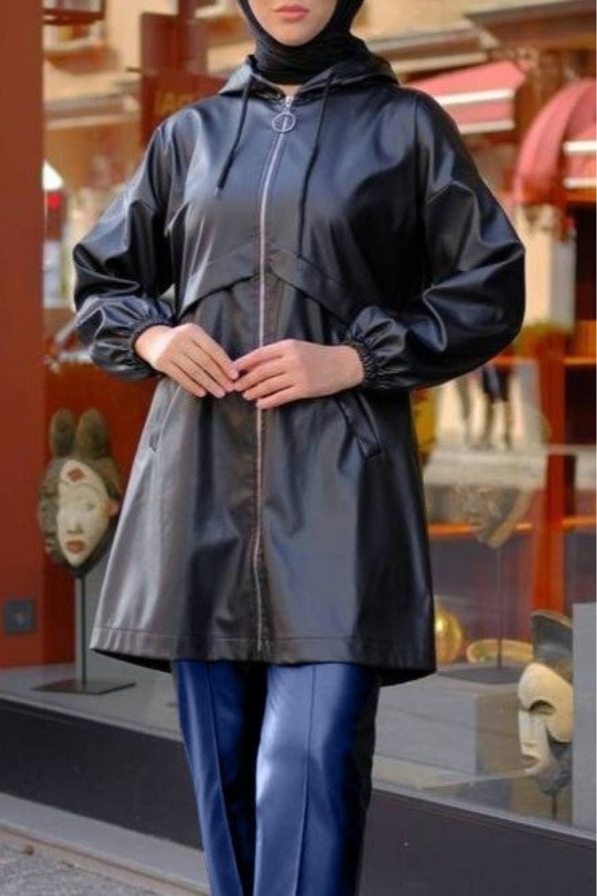Hooded Leather Cap with Pockets -Black