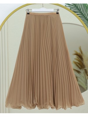 Volanlı Şifon Pliseli Etek -Vizon