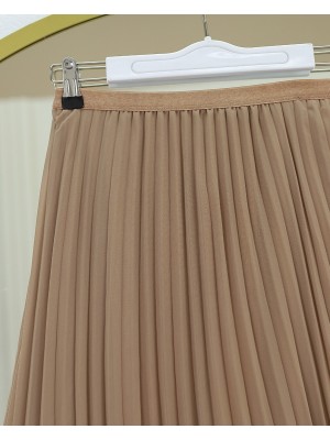 Volanlı Şifon Pliseli Etek -Vizon