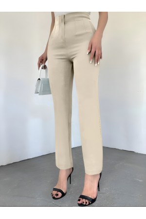 Cep Detaylı Yüksek Bel Pantolon -Bej